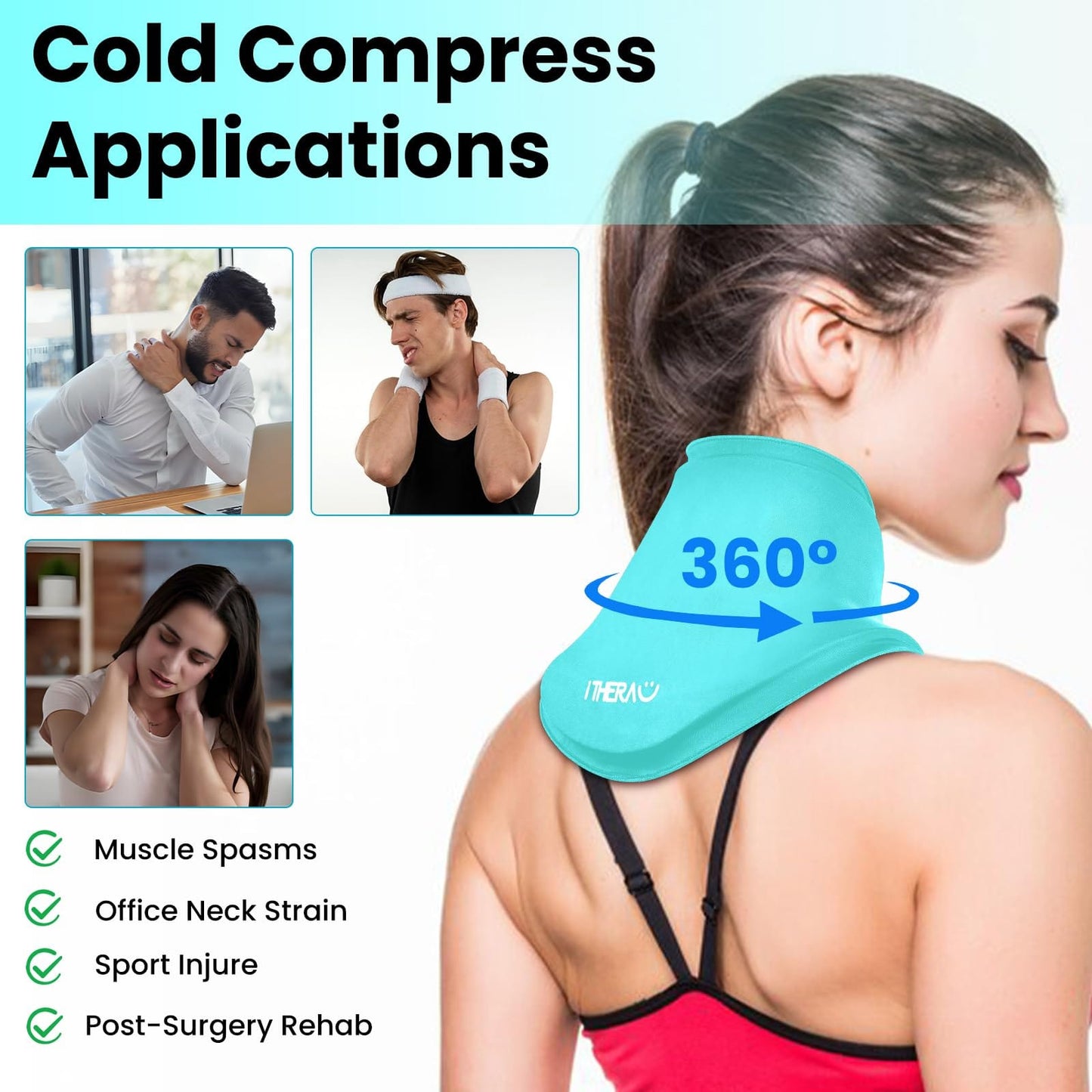 iTHERAU Neck Ice Pack Wrap, Hot or Cold Compress for Cervical Pain Relief, Soft Gel Ice Packs for Injuries Reusable, Sports Injuries, Swelling, Office Pressure, Black