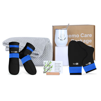 Suzzipad Cancer Patients Must Have, 5-Piece Chemo Care Kit for Women & Men Include Cold Therapy Socks and Hand Ice Pack, 59 * 78" Sympathy Blanket, 12oz Tumbler, Get Well Card