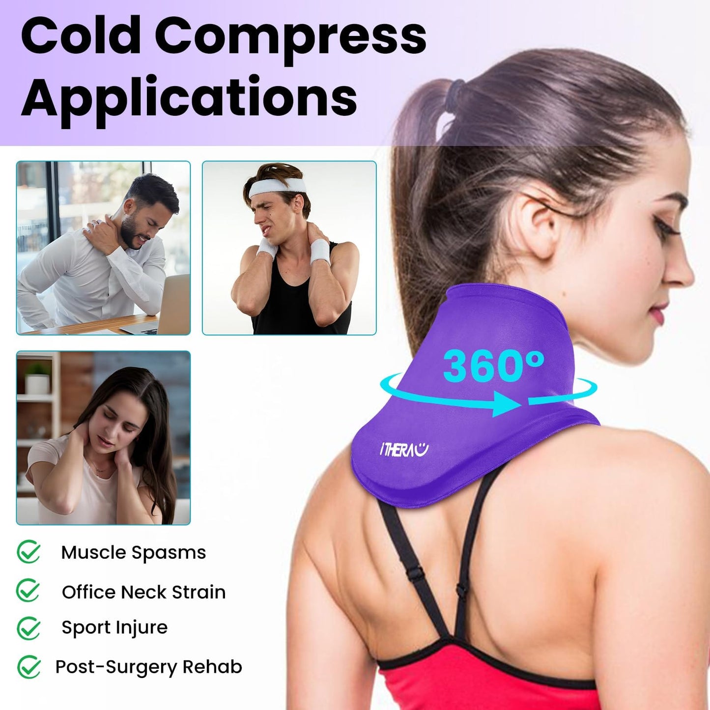 iTHERAU Neck Ice Pack Wrap, Hot or Cold Compress for Cervical Pain Relief, Soft Gel Ice Packs for Injuries Reusable, Sports Injuries, Swelling, Office Pressure, Black