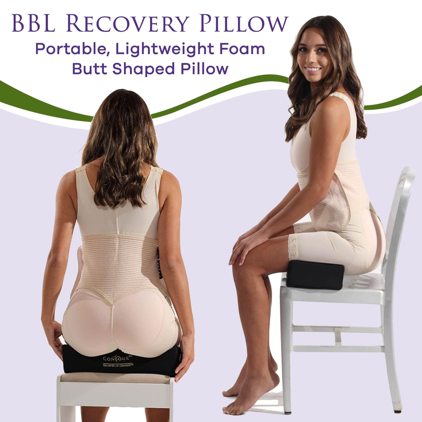 ContourMD BBL Pillow After Surgery for Butt – Brazilian Butt Lift BBL Recovery Pillow – Portable, Lightweight Foam Butt Shaped Pillow - BBL Post Surgery Supplies - Rectangle (Black)