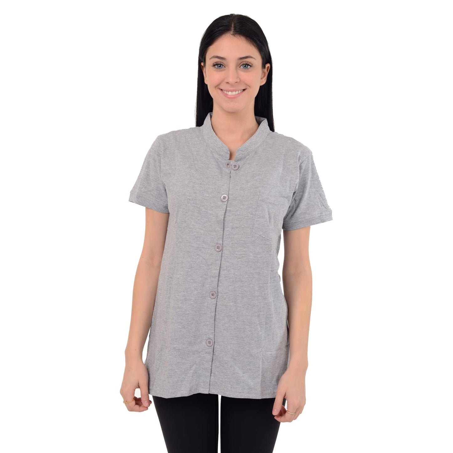 Post Mastectomy Shirt Band Collar Button Down Blouse with Drain Pockets Drainage Management