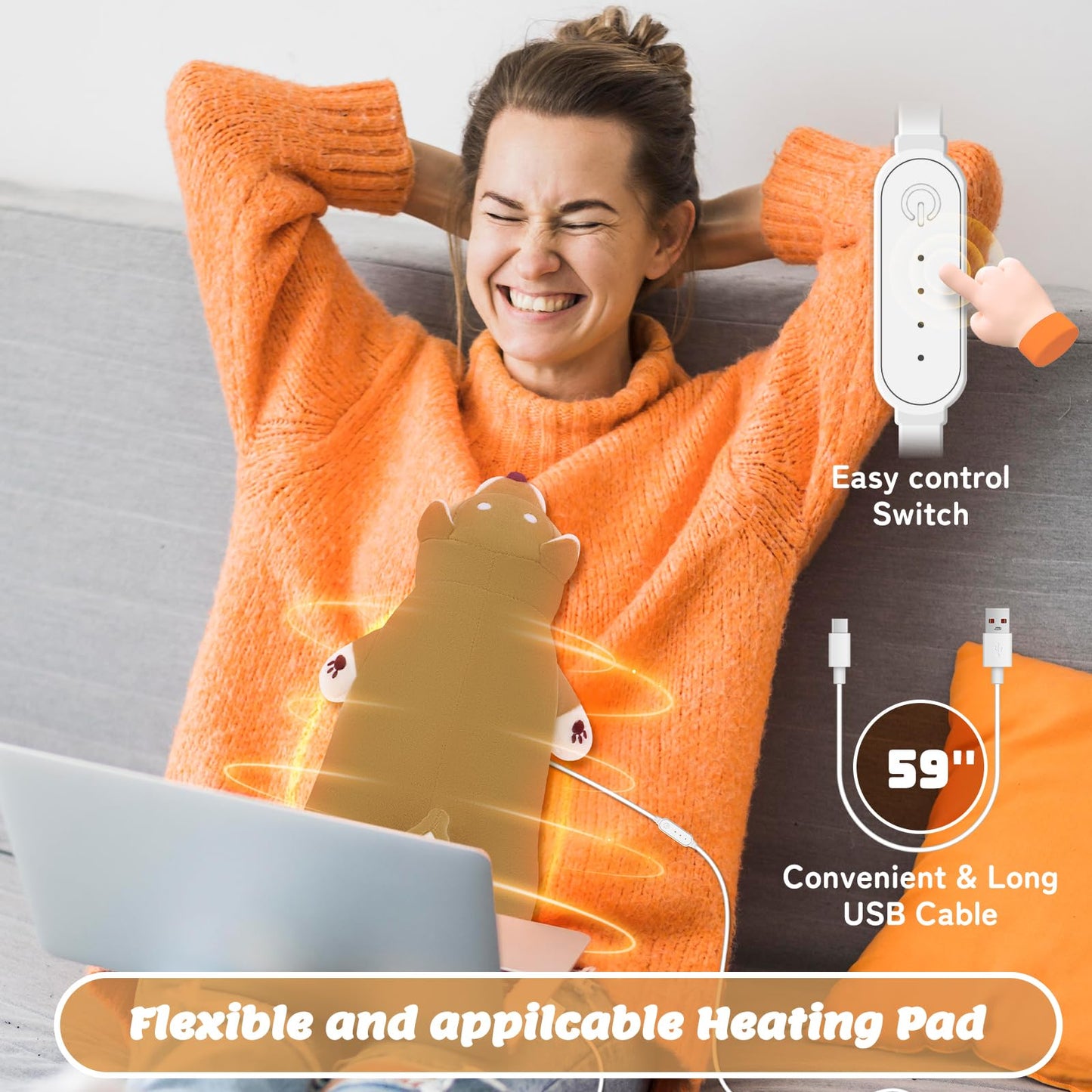 Electric Heating Pad for Period Cramps, Cuddly Soft 14" Shiba Inu Plush with a Hot Soft Belly USB Powered, Menstrual Heating Pad Neck Shoulder Pain Relief