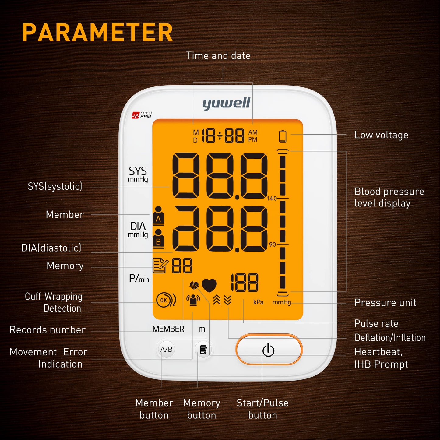 Yuwell Blood Pressure Monitor, Large Upper Arm Blood Pressure Cuff, Digital Blood Pressure Machine for Home Use, Large Display, Stores 99 Readings, Voice Broadcasting with Power Adapter and Batteries