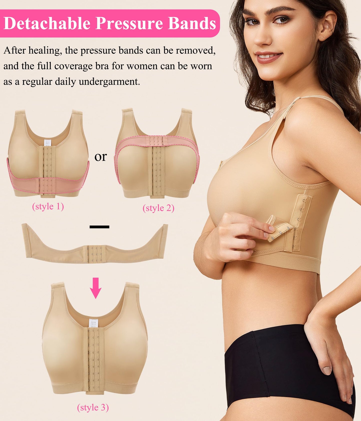 Front Closure Post Surgery Compression Wireless Everyday Bras for Women Mastectomy Support