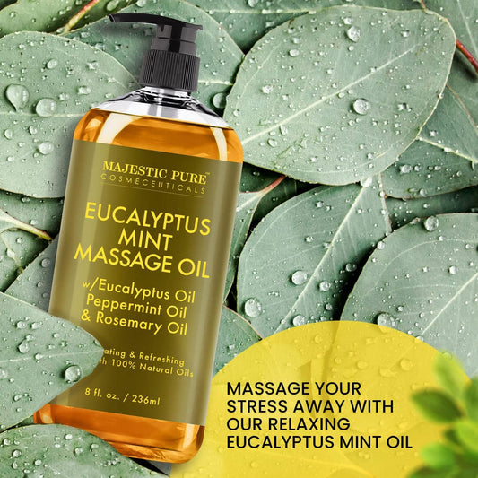 MAJESTIC PURE Eucalyptus Mint Massage Oil - Invigorating, Refreshing, and Relaxing - Massage, Made with Natural Oils - for All Skin Types - Men and Women - Made in USA - 8 fl oz
