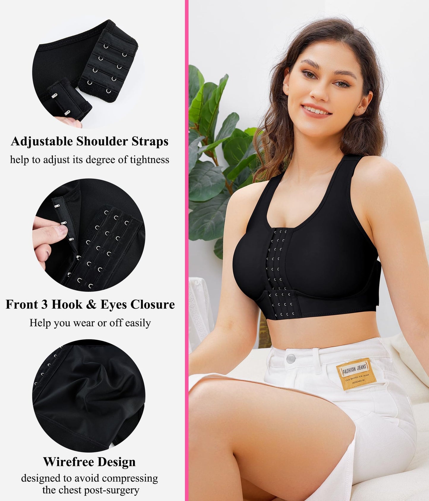 Front Closure Post Surgery Compression Wireless Everyday Bras for Women Mastectomy Support