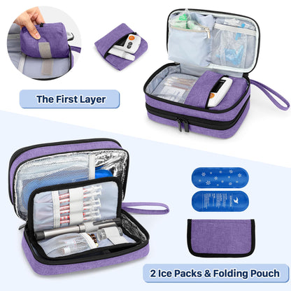 Insulin Travel Case with 2 Ice Packs, Double Layer Diabetes Travel Case for Glucose Meter and Other Diabetic Supplies