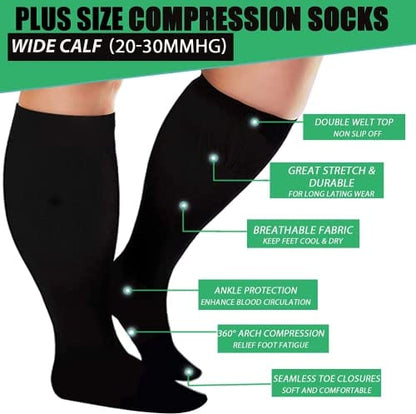 Plus Size Compression Socks for Women Men 20-30 mmHg, Wide Calf Stockings Best Support for Circulation