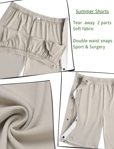 Post Surgery Tear Away Shorts for Men Comfy Clothing For Recovery, Easy Dressing Wide Bottom Snap Breakaway Shorts