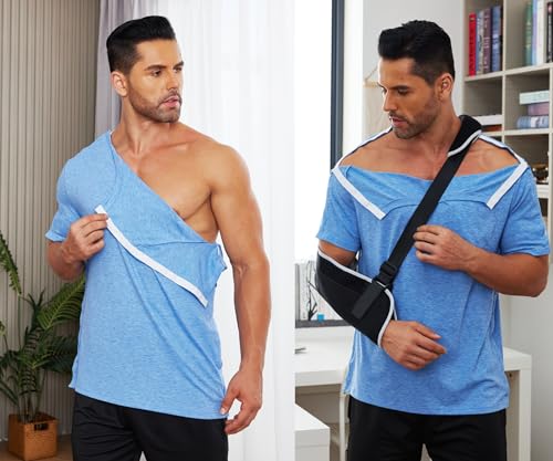 Men's Post Shoulder Surgery Shirts Recovery Tear Away Short Sleeve Full Open Side Snap Dialysis Chemo Clothing