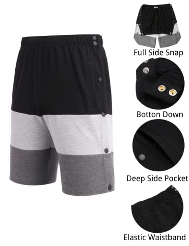 Tear Away Shorts for Men Side Snap Cotton Color Block Shorts Post Surgery Recovery Break Away Pants with Pockets