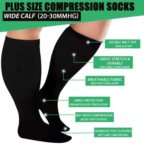 Plus Size Compression Socks for Women Men 20-30 mmHg, Wide Calf Stockings Best Support for Circulation