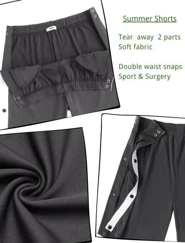 Post Surgery Tear Away Shorts for Men Comfy Clothing For Recovery, Easy Dressing Wide Bottom Snap Breakaway Shorts