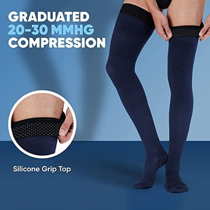 Plus Size Compression Stockings for Men 20-30mmHg - Opaque Graduated Compression Thigh High with Silicone Grip Top