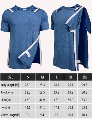 Men's Post Shoulder Surgery Shirts Recovery Tear Away Short Sleeve Full Open Side Snap Dialysis Chemo Clothing