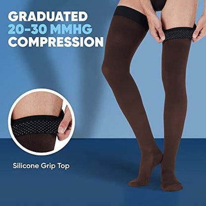 Plus Size Compression Stockings for Men 20-30mmHg - Opaque Graduated Compression Thigh High with Silicone Grip Top