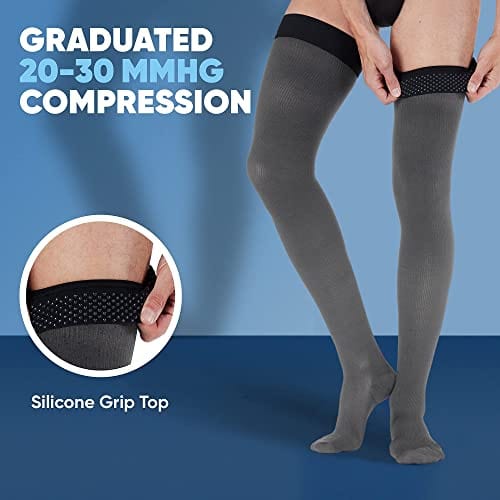 Plus Size Compression Stockings for Men 20-30mmHg - Opaque Graduated Compression Thigh High with Silicone Grip Top