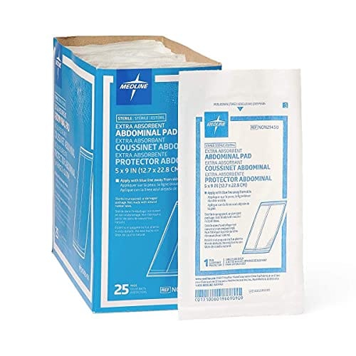 Medline NON21450H Sterile Abdominal Pads, Super Absorbent Pad, 5"X9", 25 Count