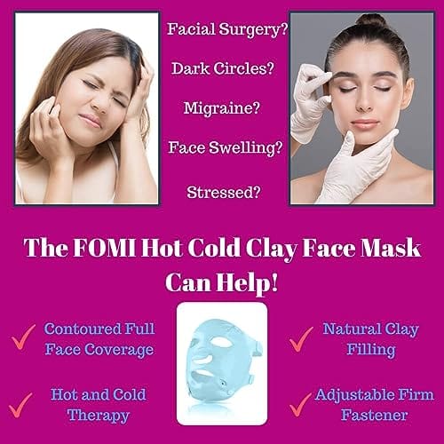 Hot Cold Clay Face Contoured Ice Mask | Flexible Cooling Full Facial Mask for Headache, Migraine, Sinus, Acne, Swollen Face, Stress, Dark Circles Relief | Fabric Backing | Natural Clay