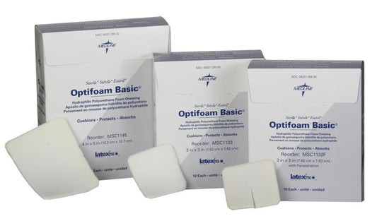 Medline Optifoam Basic Non-Adhesive Foam Dressings, Fenestrated, Sterile, 3" x 3", 10 Count