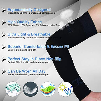 Lymphedema Compression Arm Sleeves for Men & Women (Pair) No Silicone Dot, 15-20 mmHg Compression Full Arm Support for Lipedema, Edema, Post Surgery Recovery, Swelling, Pain Relief