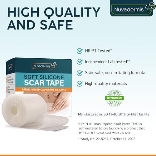 NUVADERMIS Silicone Scar Tape for Surgical Scars - 120" x 1.5" Roll - Extra Long Scar Sheets for C-Section, Tummy Tuck, Keloid, and Surgical Scars - Reusable Medical Grade Silicone Scar Tape - 1 Pack