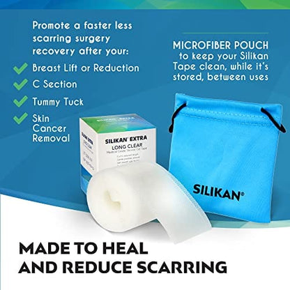 SILIKAN New Clear Extra-Long Silicone Gel Scar Tape- Reusable Scar Healing After Surgery Must Have Strips Surgical Scars, C-Section Tummy Tuck Recovery, Face Neck Scar Treatment