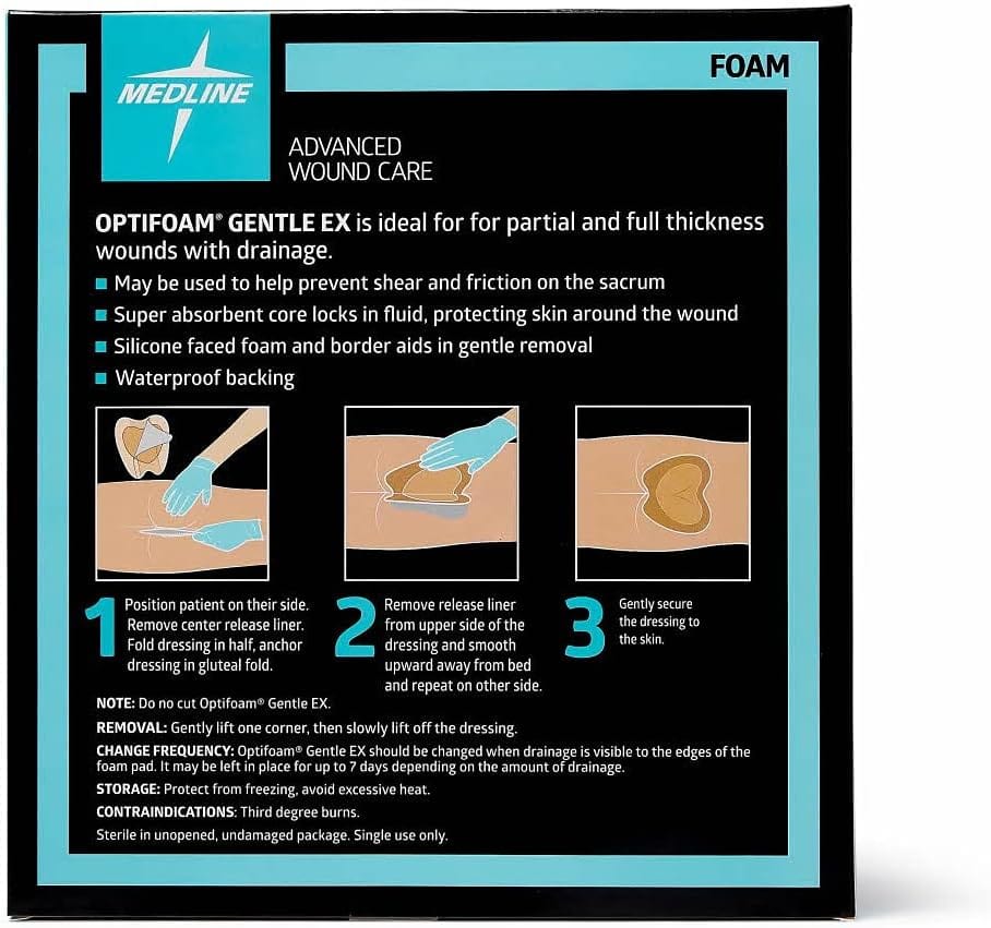 Medline Optifoam Gentle EX Bordered Foam Adhesive Dressing, 7" x 7" Sacral (5 Count)