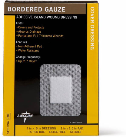 Medline Bordered Gauze, 4" x 10" Adhesive Island Wound Dressing, Sterile, 15 Count