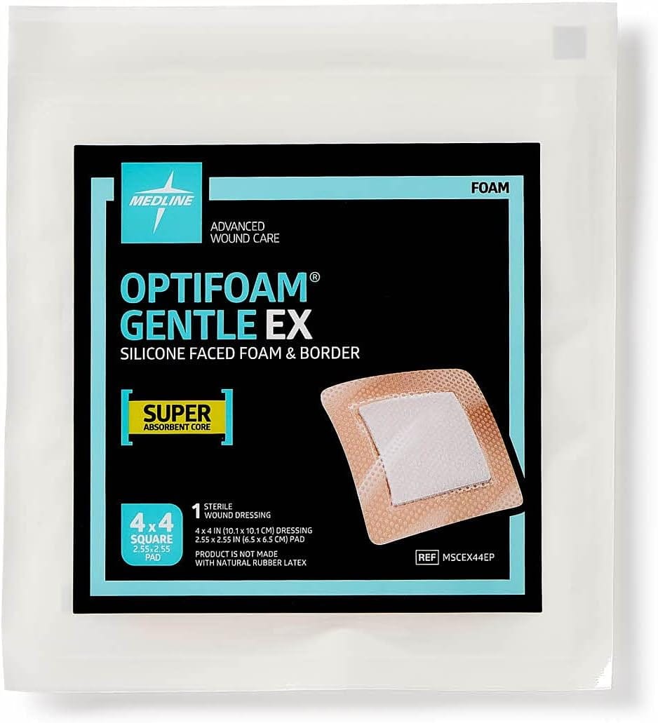 Medline Optifoam Gentle EX Bordered Foam Adhesive Dressing, 4" x 4" Square (10 Count)