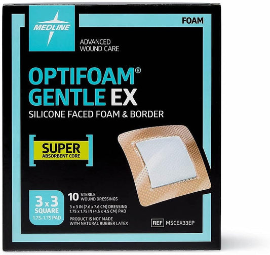 Medline Optifoam Gentle EX Bordered Foam Adhesive Dressing, 3" x 3" Square (10 Count)