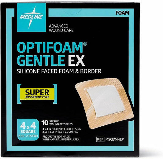 Medline Optifoam Gentle EX Bordered Foam Adhesive Dressing, 4" x 4" Square (10 Count)