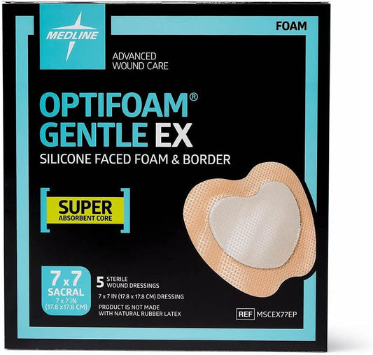 Medline Optifoam Gentle EX Bordered Foam Adhesive Dressing, 7" x 7" Sacral (5 Count)