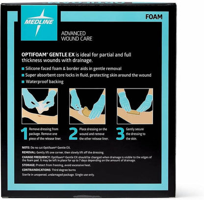 Medline Optifoam Gentle EX Bordered Foam Adhesive Dressing, 4" x 4" Square (10 Count)