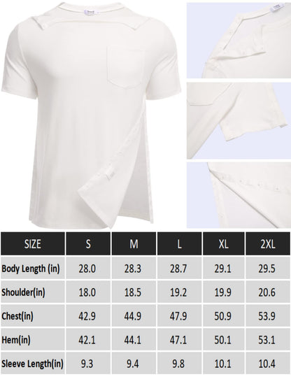 Men's Post Shoulder Surgery Shirts Recovery Tear Away Short Sleeve Full Open Side Snap Dialysis Chemo Clothing