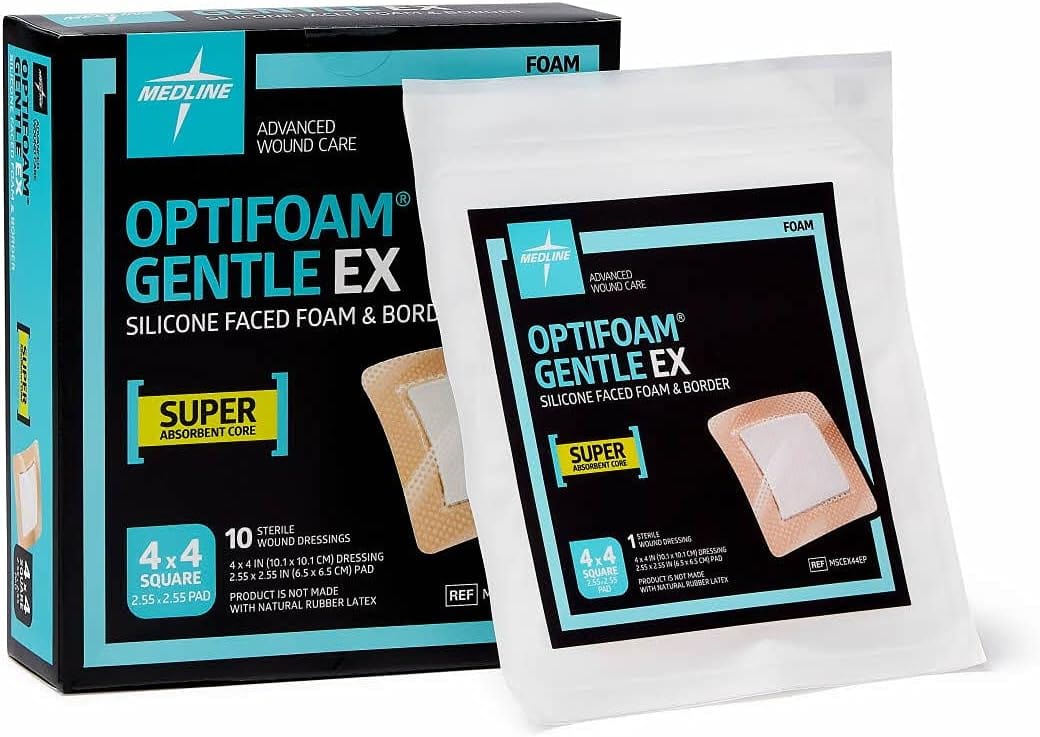 Medline Optifoam Gentle EX Bordered Foam Adhesive Dressing, 4" x 4" Square (10 Count)