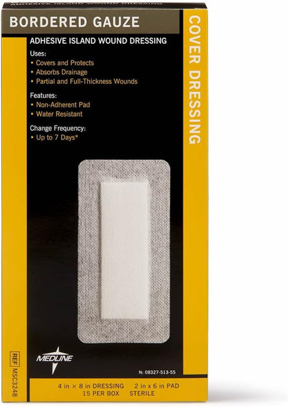 Medline Bordered Gauze, 4" x 10" Adhesive Island Wound Dressing, Sterile, 15 Count