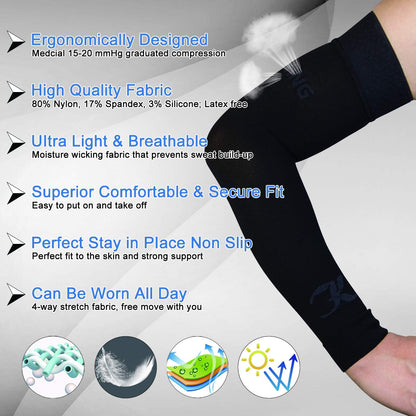 Lymphedema Compression Arm Sleeves for Men & Women (Pair) No Silicone Dot, 15-20 mmHg Compression Full Arm Support for Lipedema, Edema, Post Surgery Recovery, Swelling, Pain Relief