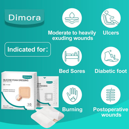 Dimora Wound Dressing Sacrum Foam Bandages Silicone Adhesive Border 7"x7" Waterproof Sacral Pads Absorbent Breathable Bed Sore Pressure Dressing