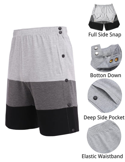 Tear Away Shorts for Men Side Snap Cotton Color Block Shorts Post Surgery Recovery Break Away Pants with Pockets