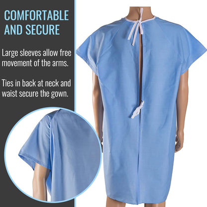 Hospital Patient Gown for Women or Men, Back and Shoulder Snap, 36" Long, Blue