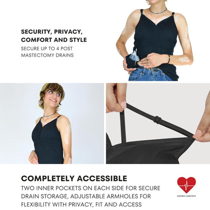 Inspired Comforts Mastectomy Recovery Camisole with Drain Pockets & Fasteners to Hold Drainage Tubes | Removable Bra Cups | M, Black