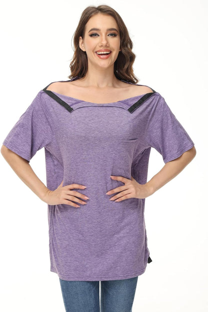 Post Shoulder Surgery Shirts Premium Unisex Snap Tear Away Shirt Short Sleeve With Chemo Port Access, Dialysis Access, ETC.