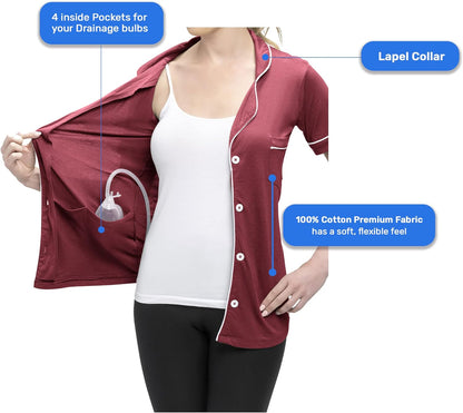 USBD Post Mastectomy Surgery Recovery Shirt Lapel Collar with Drain Pockets