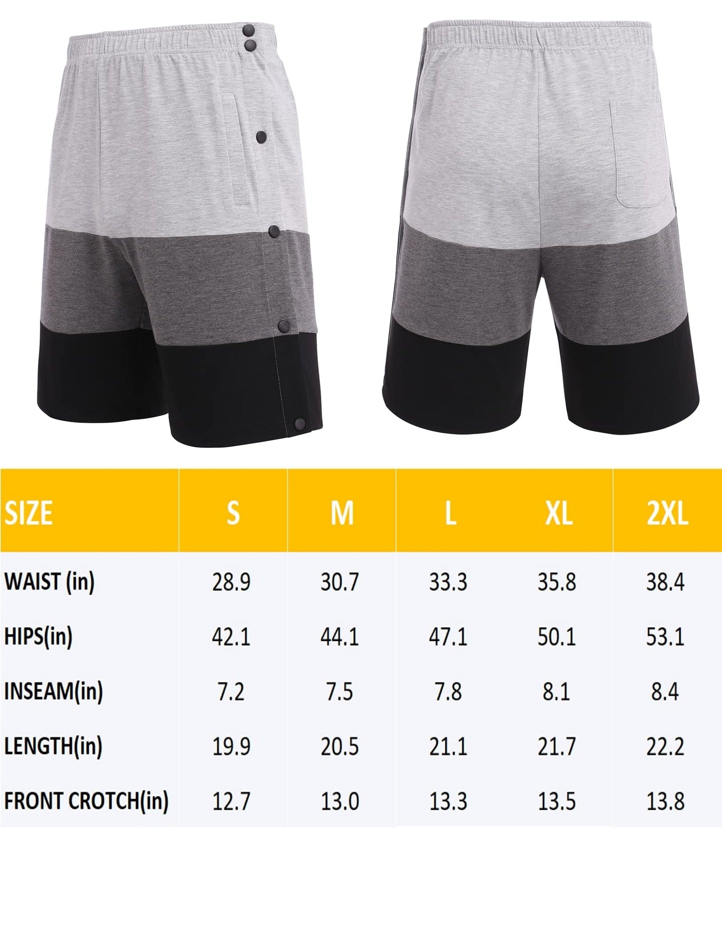 Tear Away Shorts for Men Side Snap Cotton Color Block Shorts Post Surgery Recovery Break Away Pants with Pockets