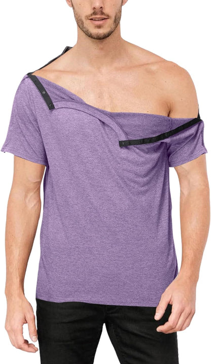 Post Shoulder Surgery Shirts Premium Unisex Snap Tear Away Shirt Short Sleeve With Chemo Port Access, Dialysis Access, ETC.