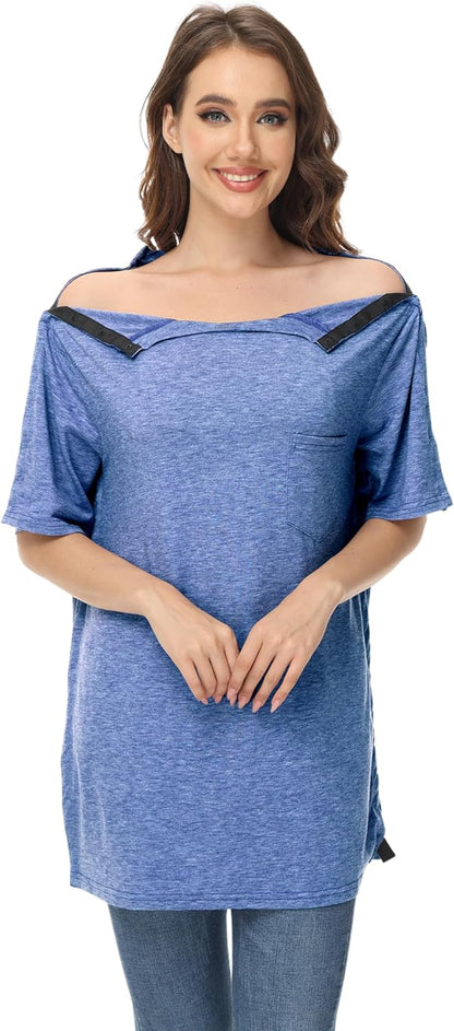 Post Shoulder Surgery Shirts Premium Unisex Snap Tear Away Shirt Short Sleeve With Chemo Port Access, Dialysis Access, ETC.