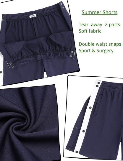 Post Surgery Tear Away Shorts for Men Comfy Clothing For Recovery, Easy Dressing Wide Bottom Snap Breakaway Shorts