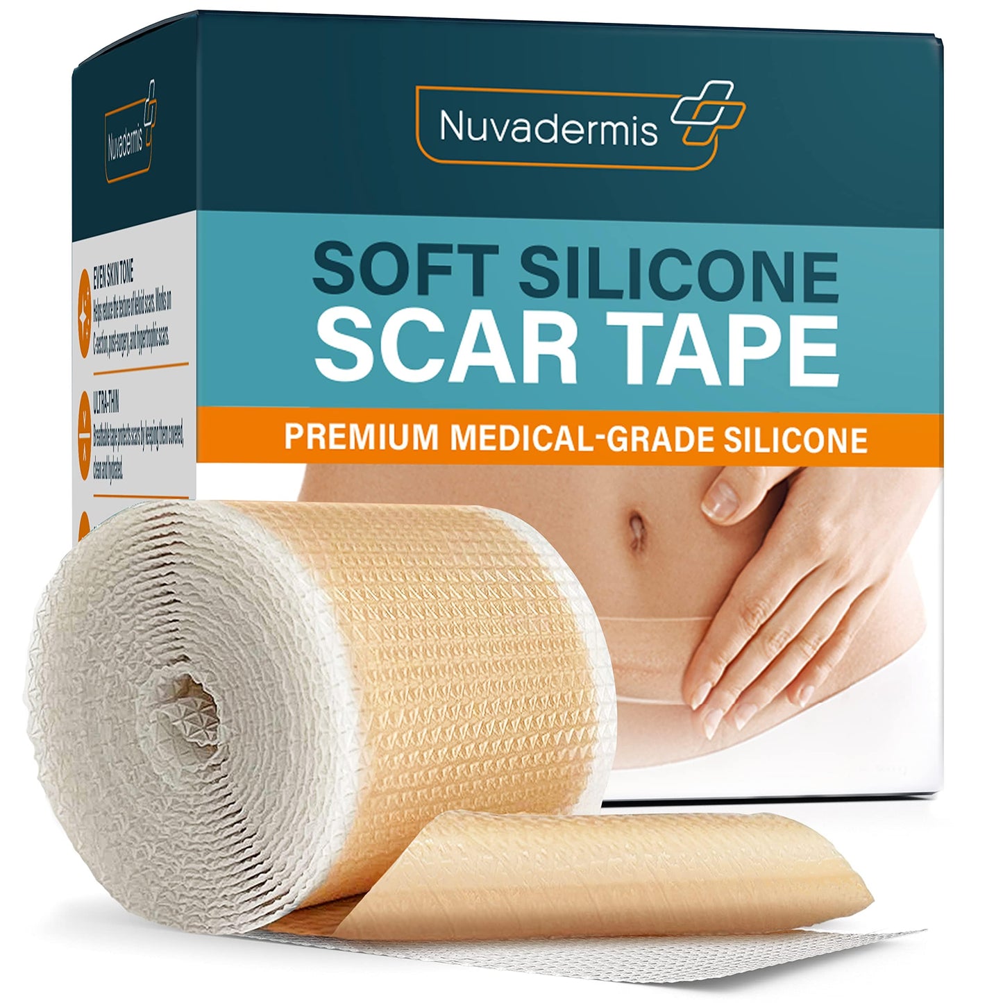 NUVADERMIS Silicone Scar Tape for Surgical Scars - 120" x 1.5" Roll - Extra Long Scar Sheets for C-Section, Tummy Tuck, Keloid, and Surgical Scars - Reusable Medical Grade Silicone Scar Tape - 1 Pack