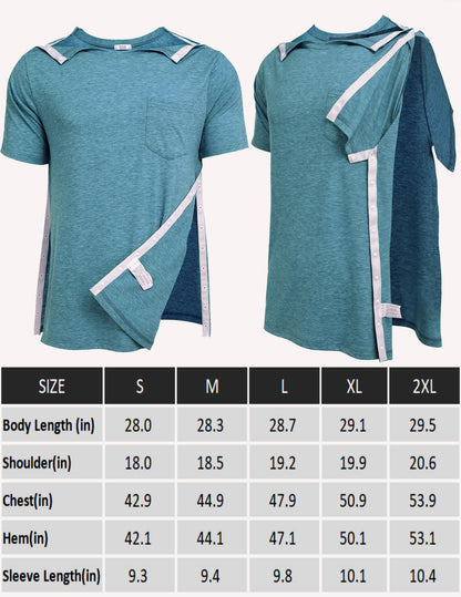 Men's Post Shoulder Surgery Shirts Recovery Tear Away Short Sleeve Full Open Side Snap Dialysis Chemo Clothing